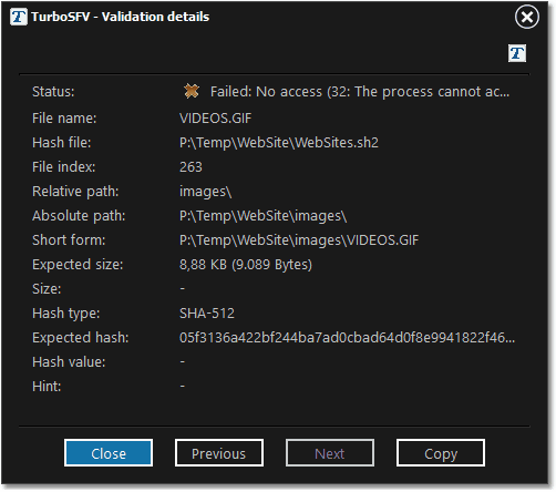 Screenshot: Validation details