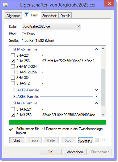 Bildschirmfoto: Certificate - SHA3-256 berechnen