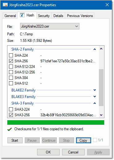 Screenshot: Certificate calculate SHA3-256