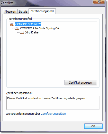 Bildschirmfoto: Gebrochene Zertifizierungskette