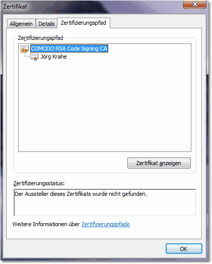 Bildschirmfoto: Unvollständige Zertifizierungskette