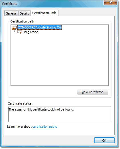 Screenshot: Incomplete certification chain