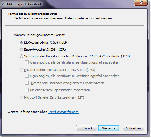 Bildschirmfoto: Zertifikat - Export-Dateiformat