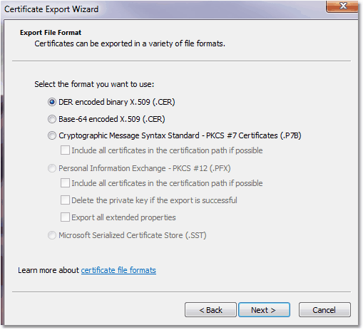 Screenshot: Certificate - Export file format