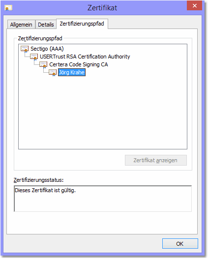 Bildschirmfoto: Zertifikat - Karteireiter Zertifizierungspfad
