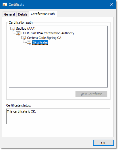 Screenshot: Certificate - Tabsheet certification path