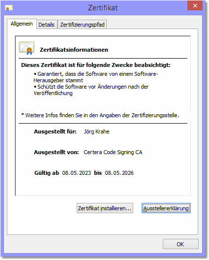 Bildschirmfoto: Zertifikat - Karteireiter Allgemein
