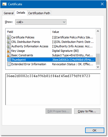 Screenshot: Certificate - Thumbprint
