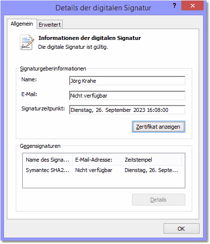 Bildschirmfoto: Details zur digitalen Signatur