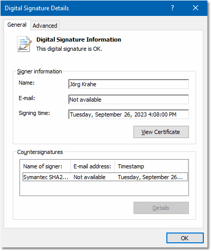 Screenshot: Digital signature details