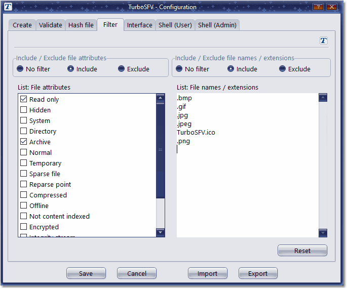 Screenshot: Configuration tab filter