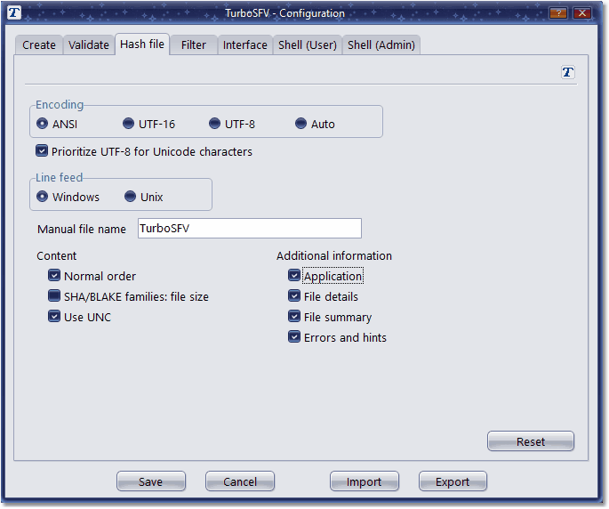 Screenshot: Configuration tab hash file