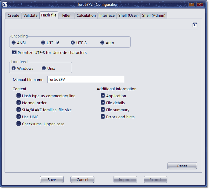 Screenshot: Configuration tab hash file