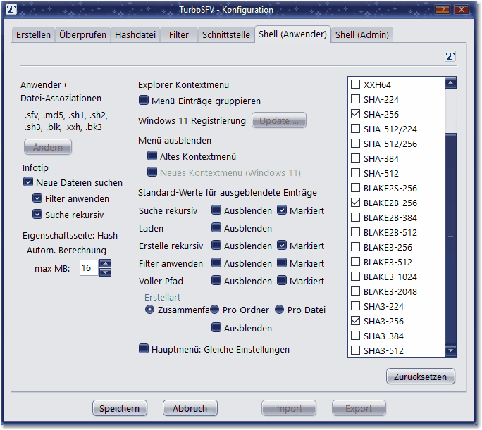 Bildschirmfoto: Konfigurationsseite Shell (Anwender)