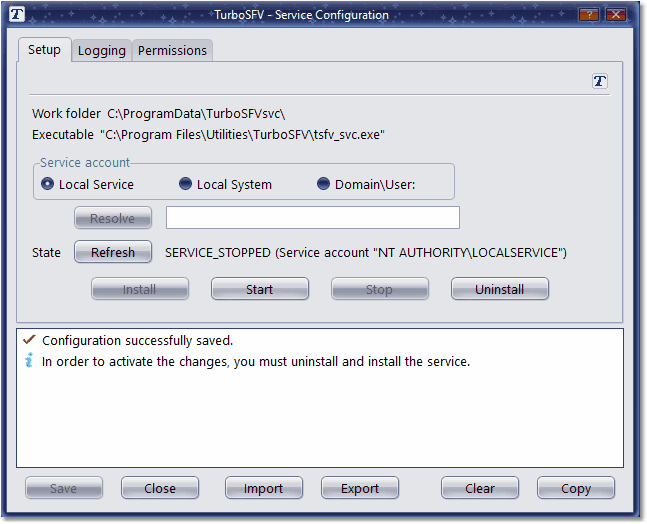 Screenshot: Service change configuration