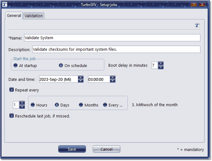 Screenshot: Service jobs general parameters