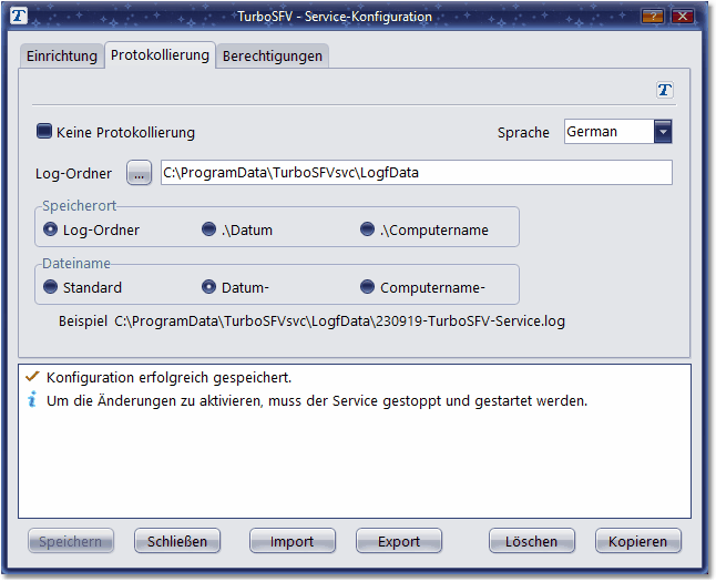 Bildschirmfoto: Service Optionen für die Protokollierung