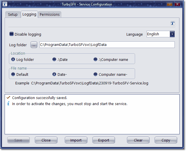 Screenshot: Service logfile options