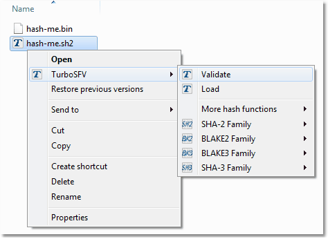 Screenshot: Context menu validate